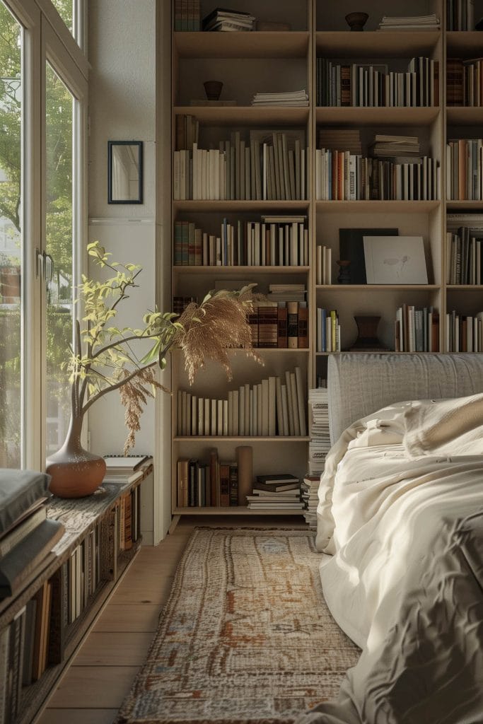 Bookshelves filled with classic literature evoking a scholarly and timeless vibe in a bedroom.