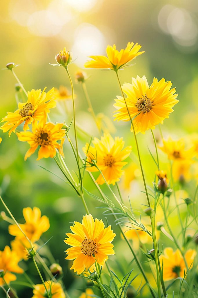 Bright yellow coreopsis flowers with daisy-like petals in a sunny garden.