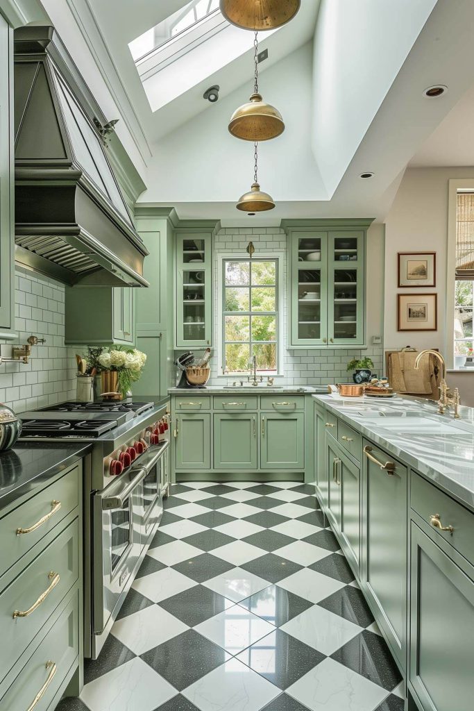 Sage green cabinets paired with black and white checkerboard floors in a retro-inspired kitchen.