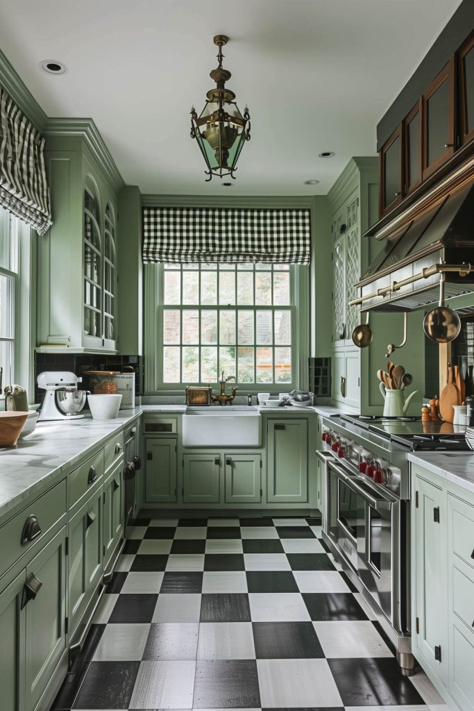 Sage green cabinets paired with black and white checkerboard floors in a retro-inspired kitchen.