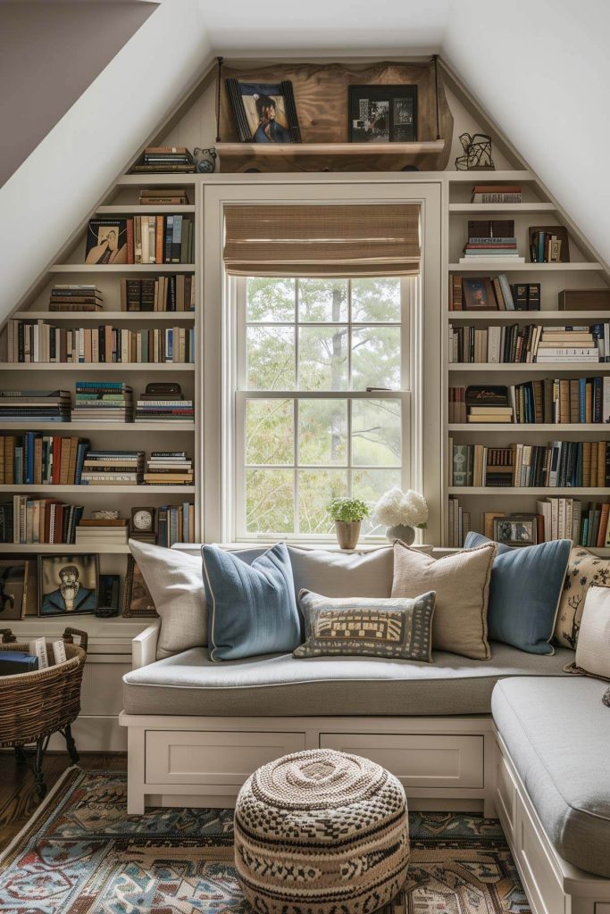 A quiet loft space with low built-in shelves and comfortable seating for an elevated reading retreat.