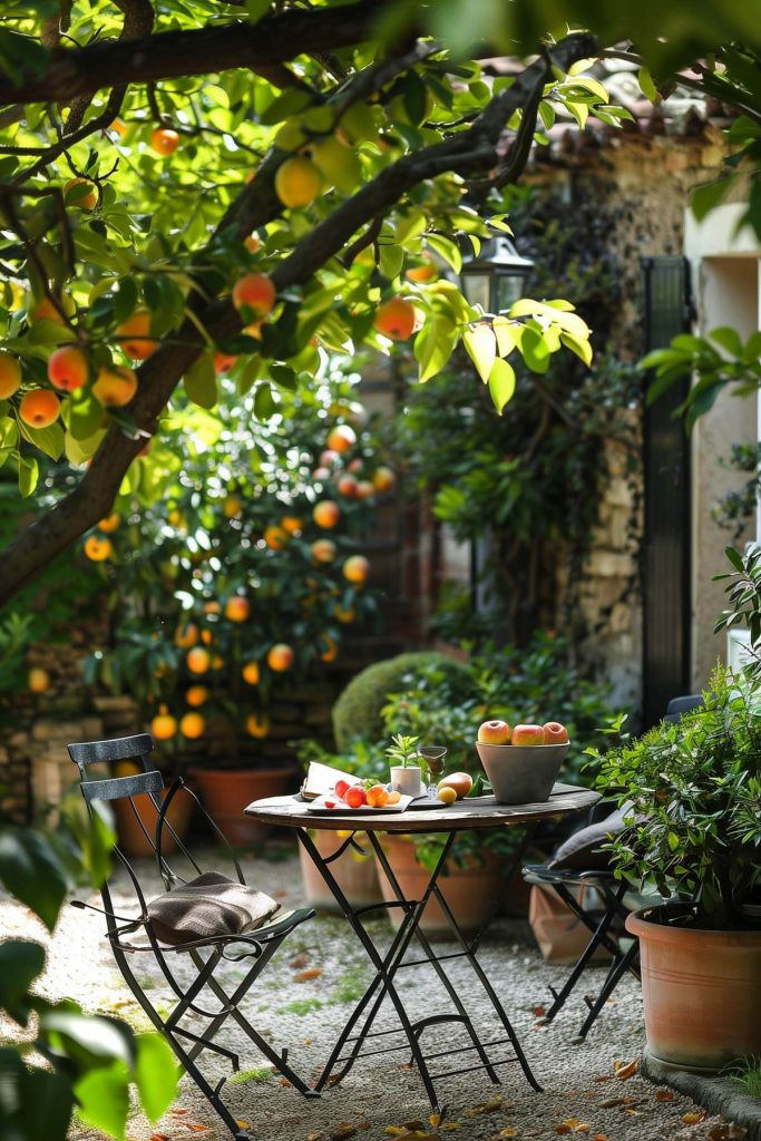 A mini orchard with dwarf fruit trees in large pots and a bistro table.