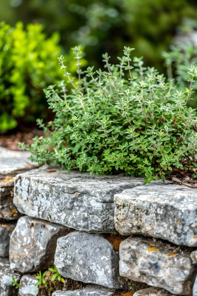 A thriving thyme plant with small, fragrant leaves, set in a rustic garden bed with a stone border.