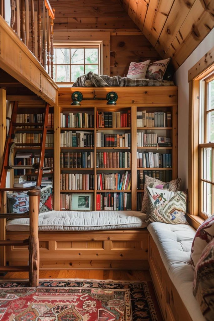 A quiet loft space with low built-in shelves and comfortable seating for an elevated reading retreat.