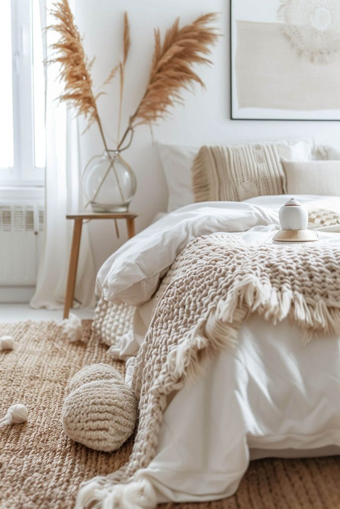 Handmade knitted blankets and crocheted items adding a personal touch to a bedroom.