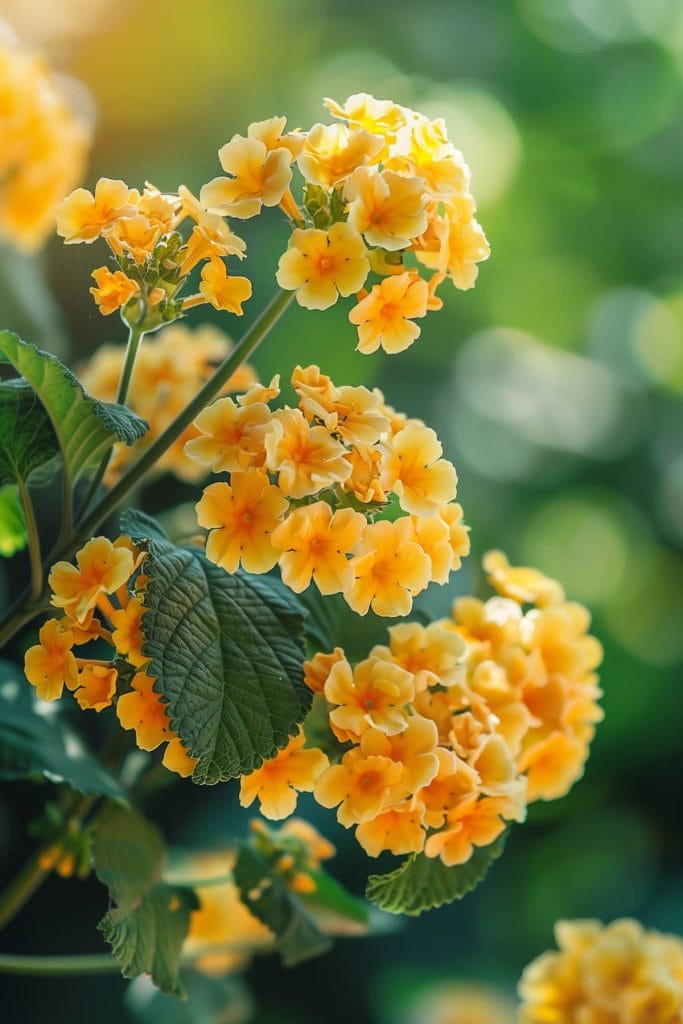 Clusters of brightly colored lantana flowers in yellow, and orange, blooming in a sunny garden, attracting butterflies.