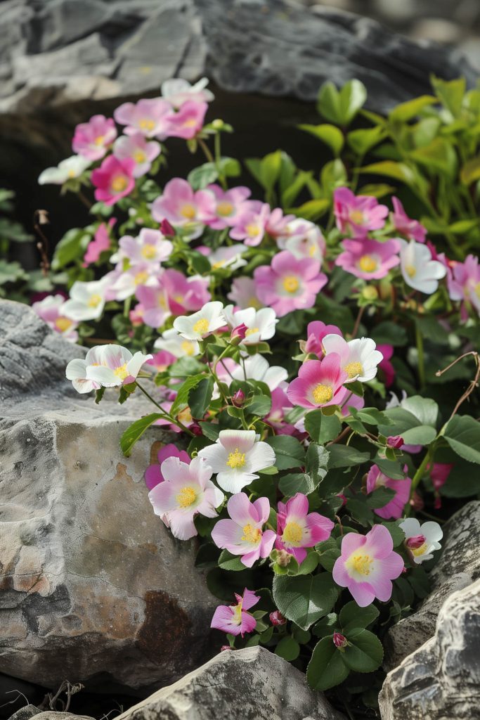 Showy pink and white rock rose flowers in a rocky, sunlit garden.