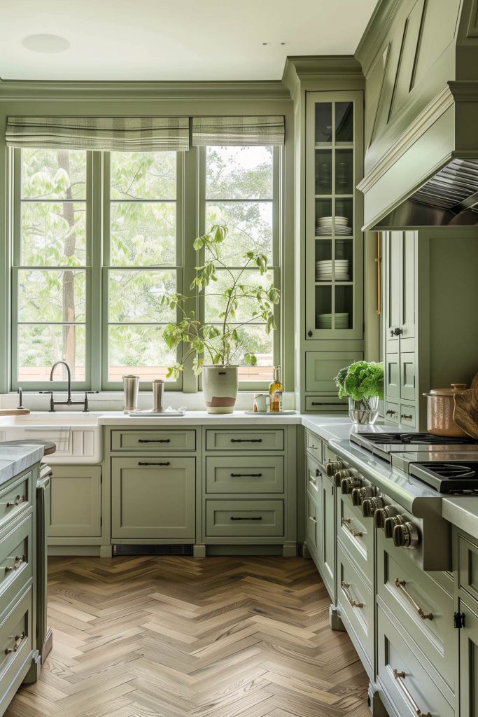 Sage green cabinets complemented by herringbone wood floors in a traditional kitchen. 