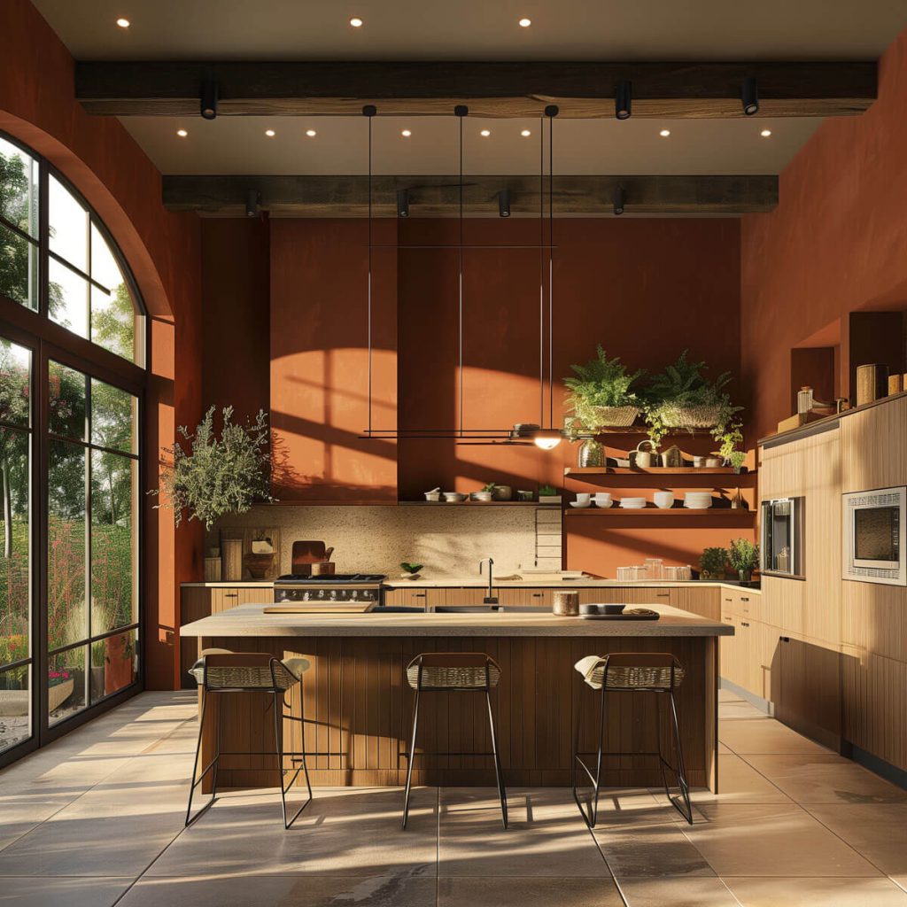 Kitchen with warm terracotta and olive tones.