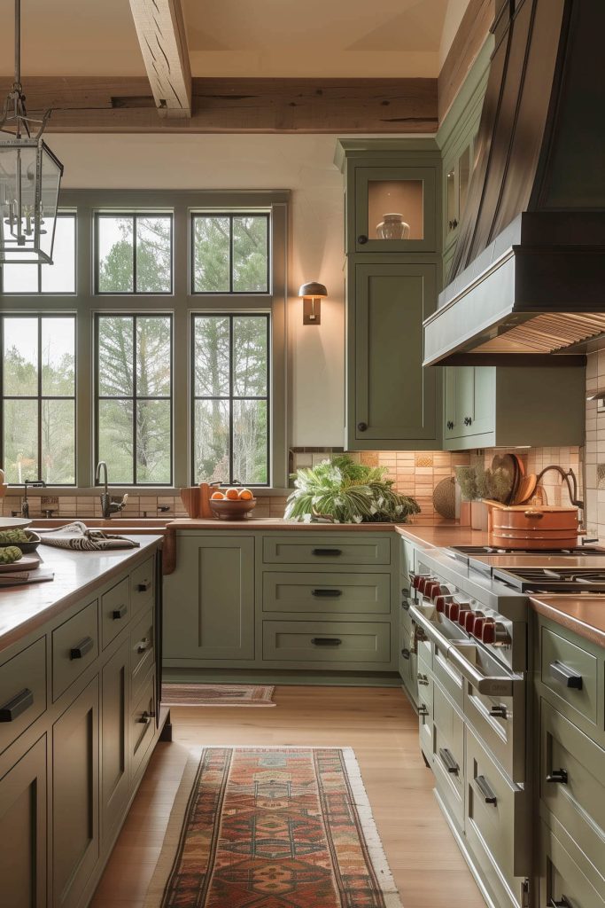 Kitchen with warm terracotta and olive tones.