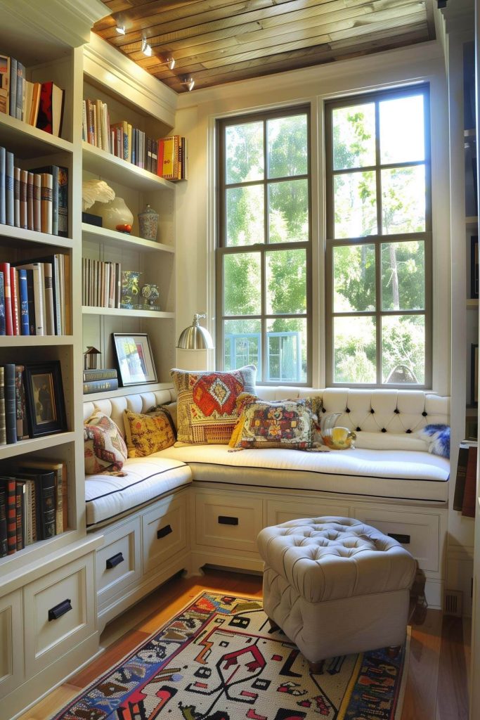 A cozy corner book nook with custom-built shelves and a comfortable chair for an intimate reading spot.