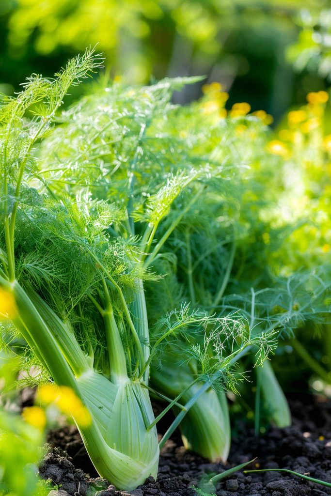 A fennel plant with feathery green leaves and yellow flowers, growing in a sunny vegetable garden.