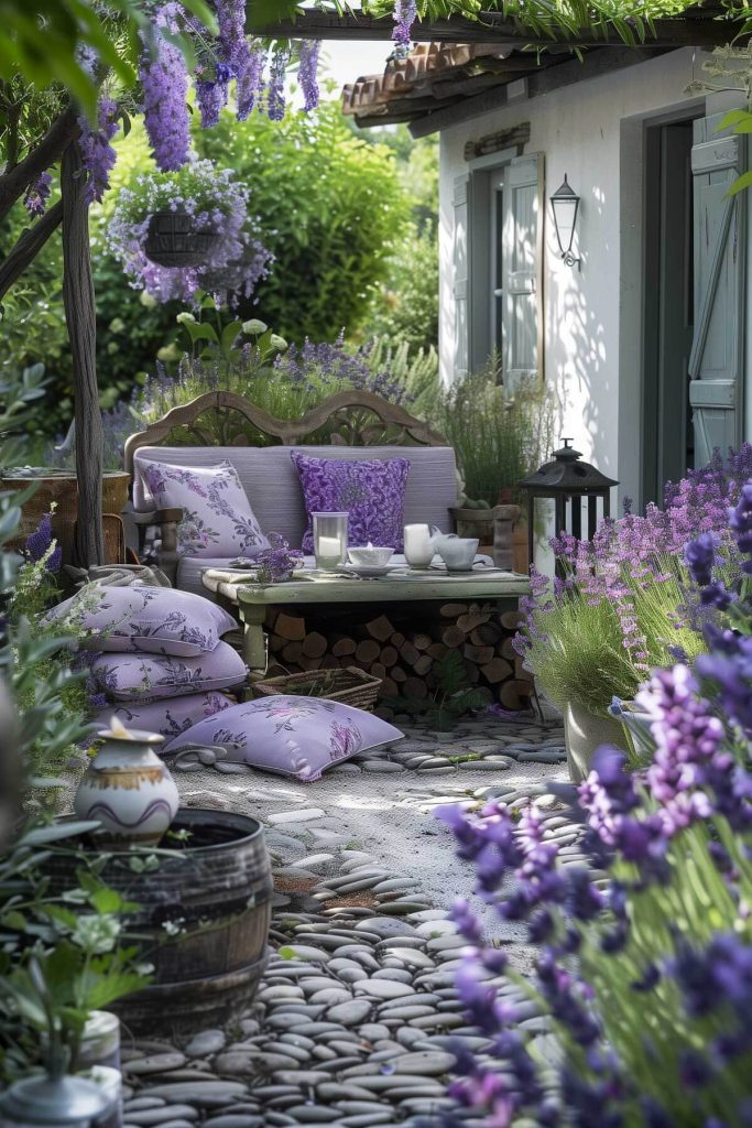 A fragrant garden with lavender, jasmine, gardenias, and a comfortable bench.