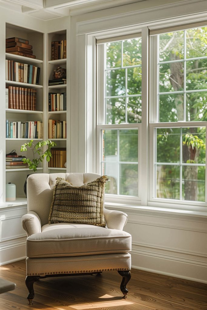 A cozy corner book nook with custom-built shelves and a comfortable chair for an intimate reading spot.