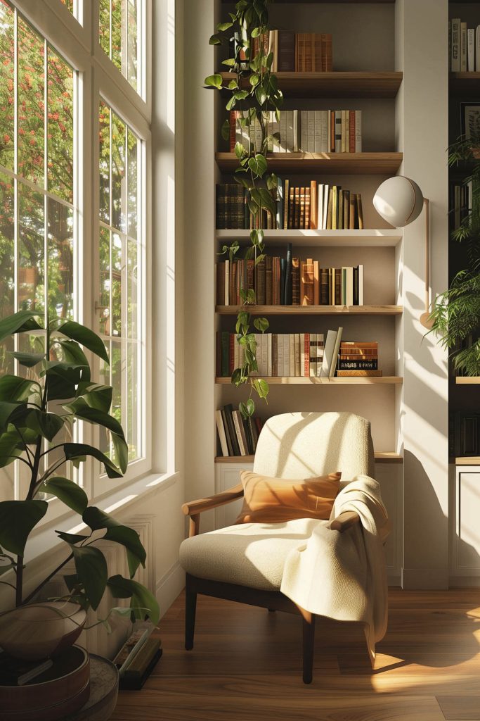 A cozy corner book nook with custom-built shelves and a comfortable chair for an intimate reading spot.