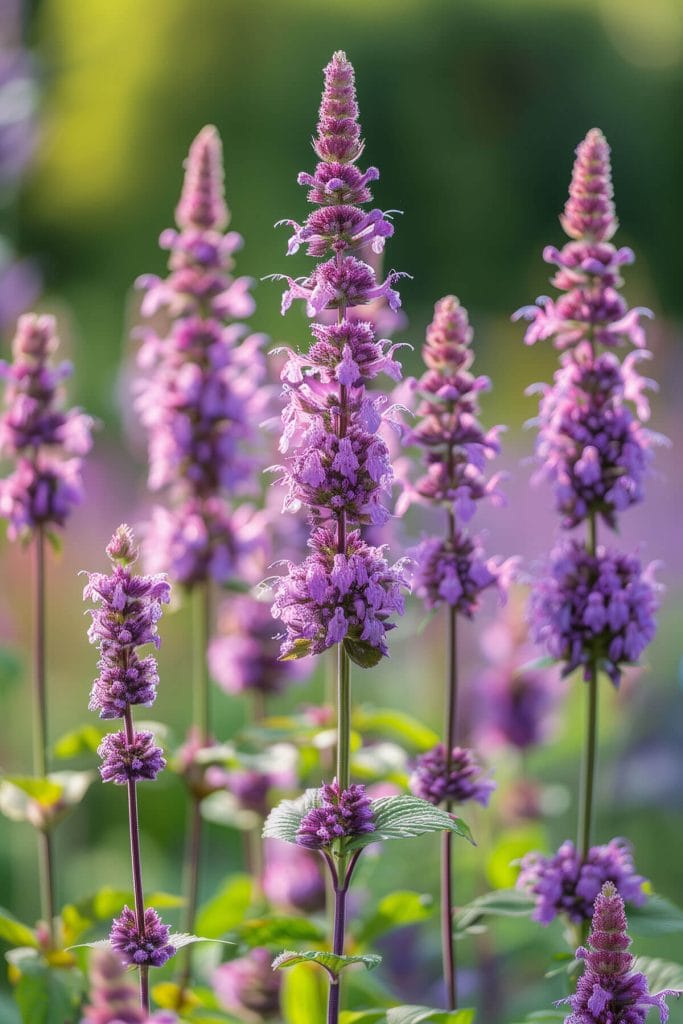 Tall spikes of fragrant agastache flowers in purple and pink, blooming in a sunny, well-drained garden.