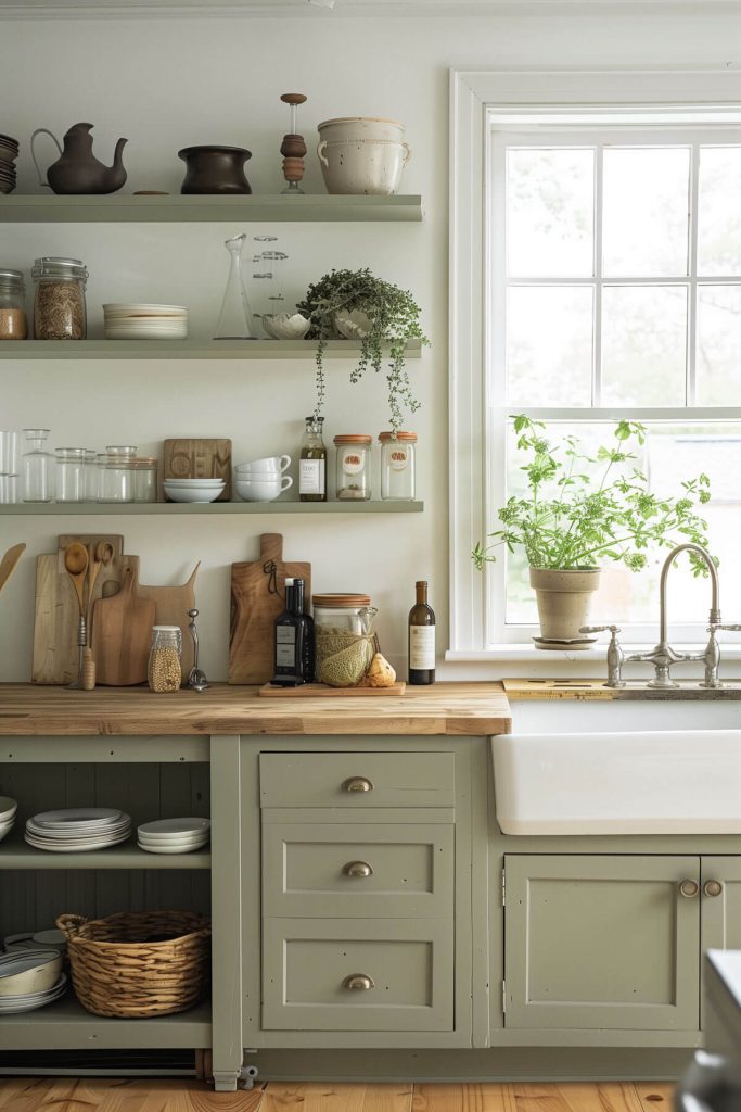 Sage green cabinets with eclectic hardware and mismatched open shelving in a bohemian kitchen.