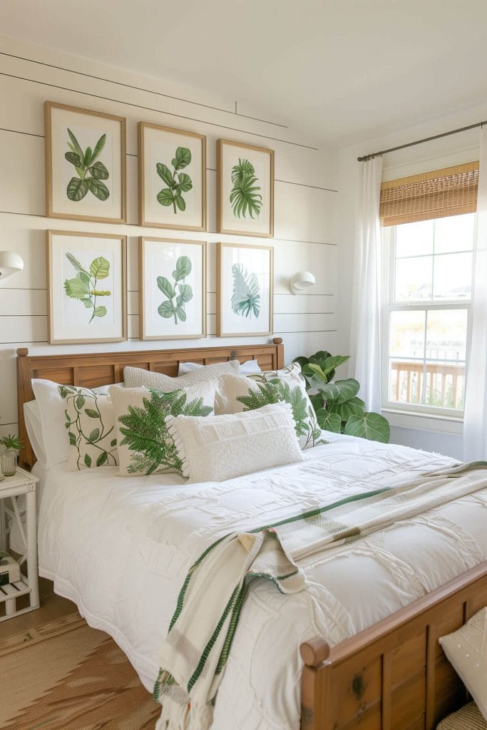 Botanical prints or paintings hung on the walls bringing nature indoors in a bedroom.