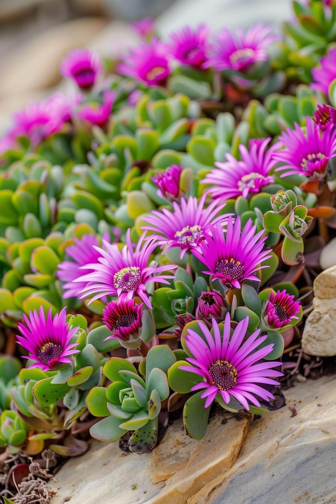 Succulent leaves and vibrant pink and purple daisy-like flowers of ice plant in sandy soil.
