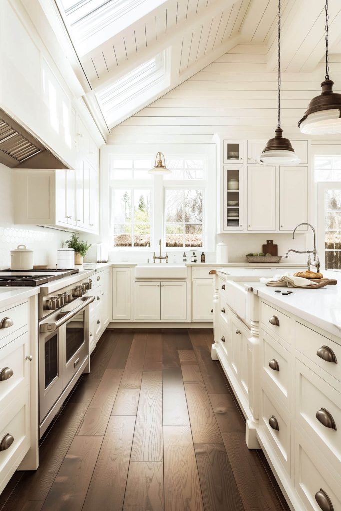 Elegant white kitchen cabinets set against the rich backdrop of a dark wood floor.