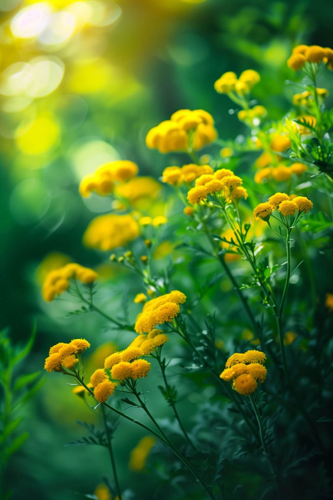 A tansy plant in bloom, with clusters of bright yellow button-like flowers, set against a green garden background