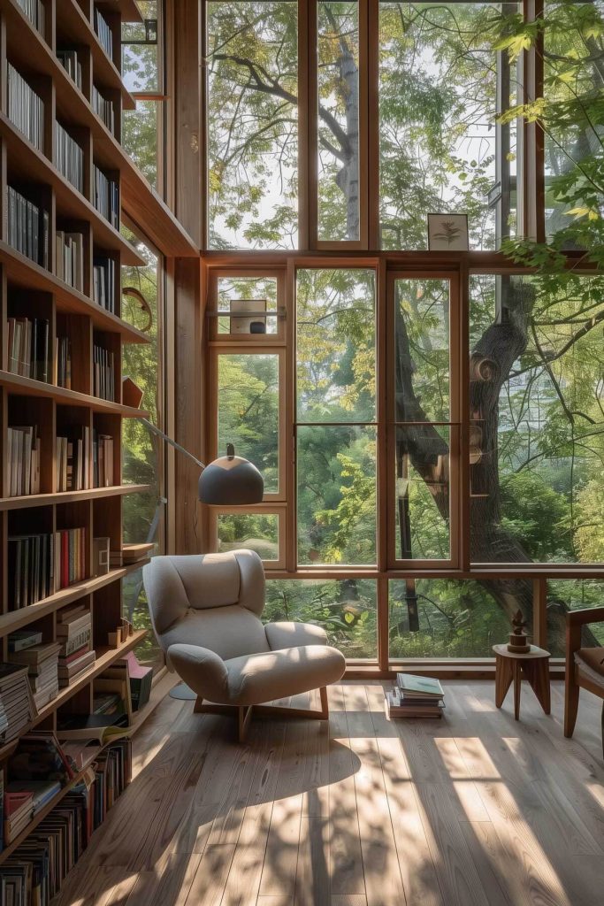 A library that with books lining one wall and floor to ceiling windows on the other with trees outside the window.