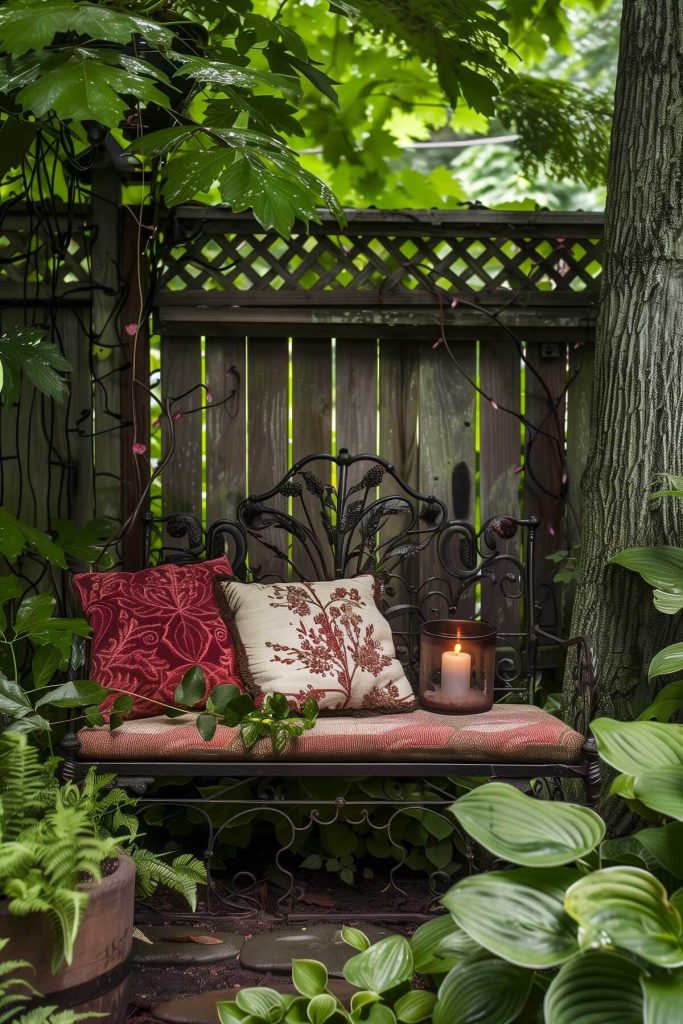 A woodland garden with shade-loving plants and a rustic wooden bench.