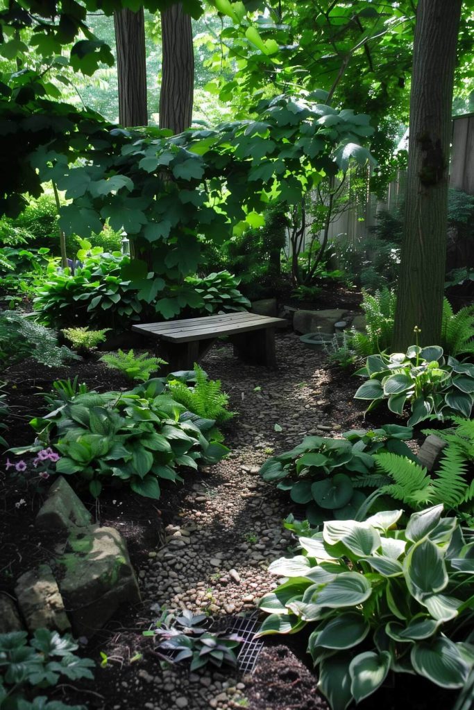 A woodland garden with shade-loving plants and a rustic wooden bench.