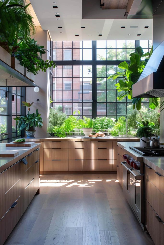 Kitchen with herb gardens and houseplants adding freshness.