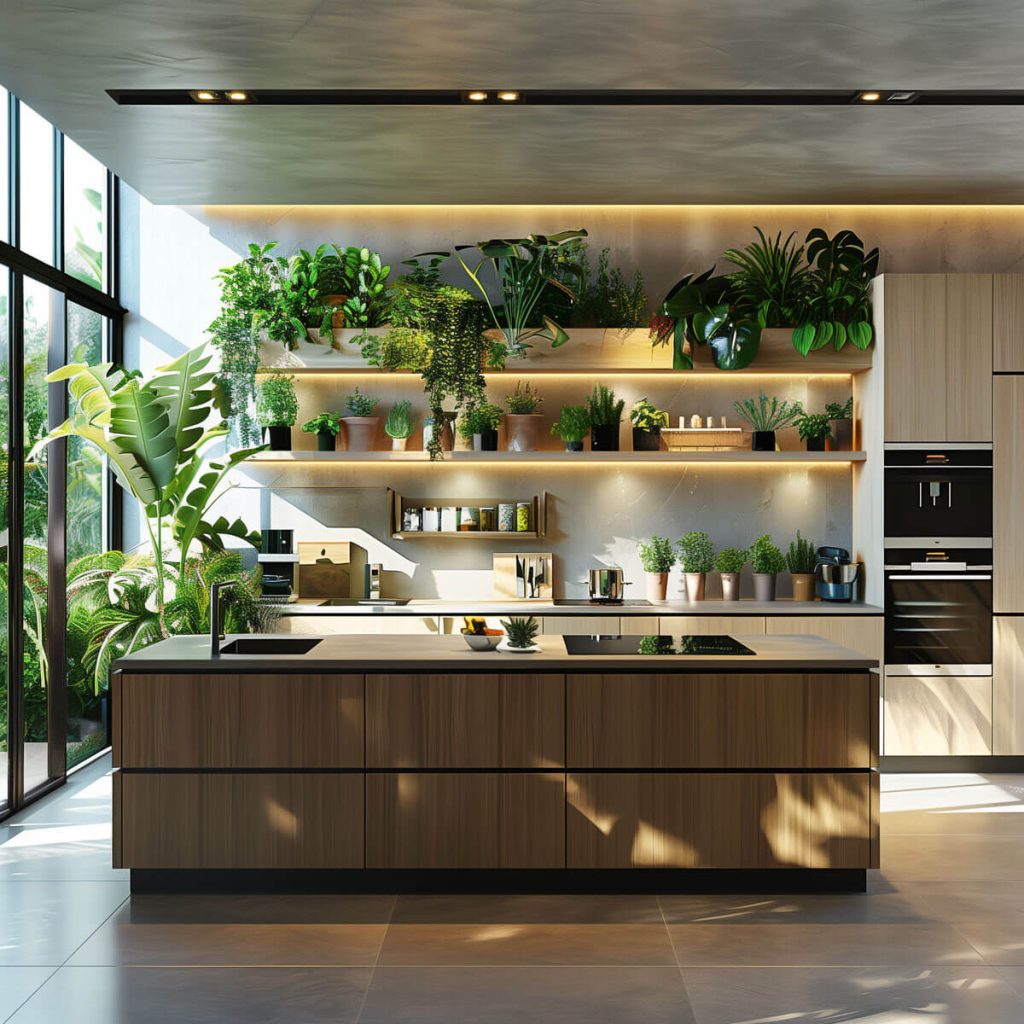 Kitchen with herb gardens and houseplants adding freshness.