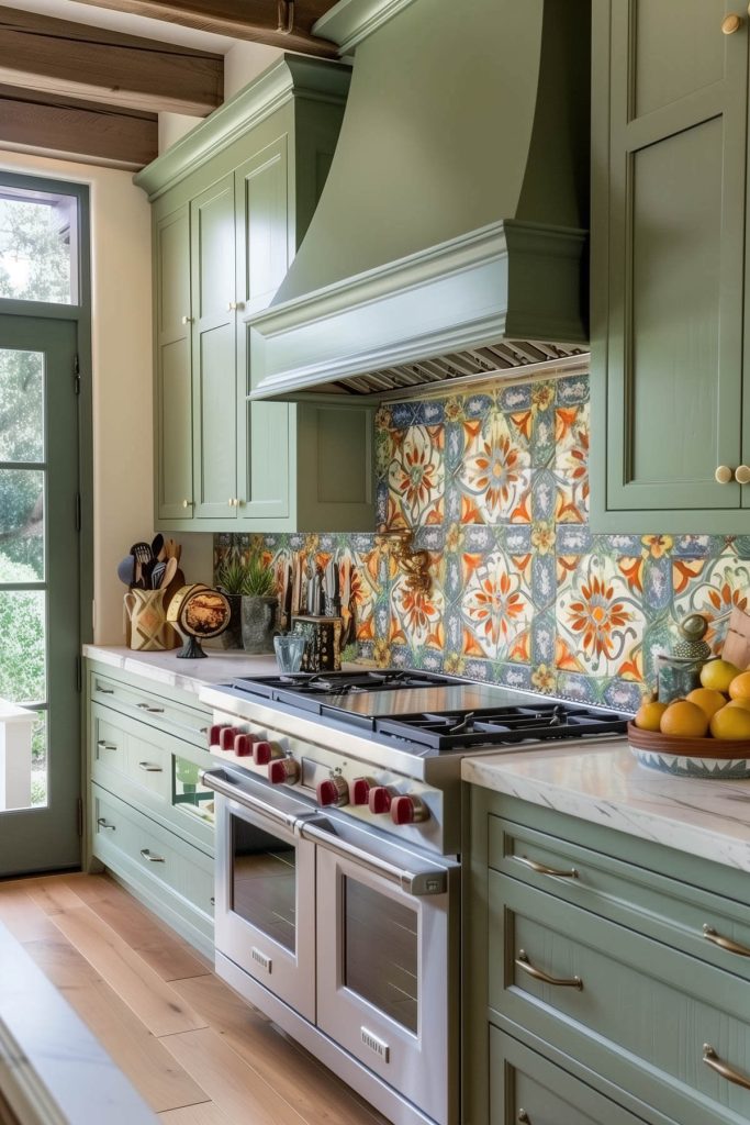 Sage green cabinets paired with a bold tile backsplash featuring vibrant colors in a stylish kitchen.