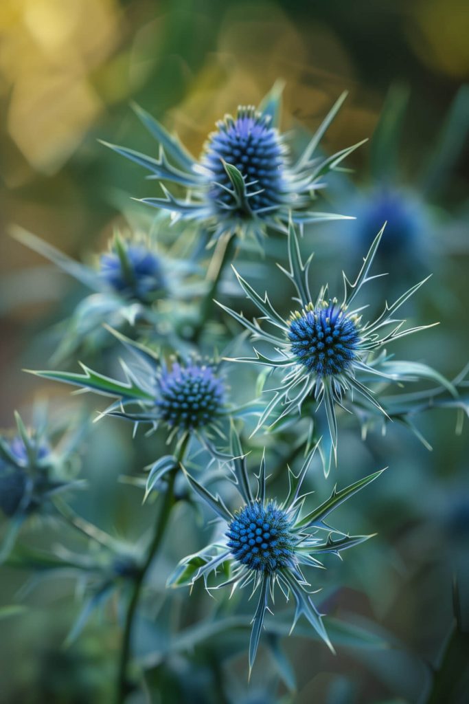 Spiky, metallic-blue sea holly flowers and foliage against a blurred garden background.