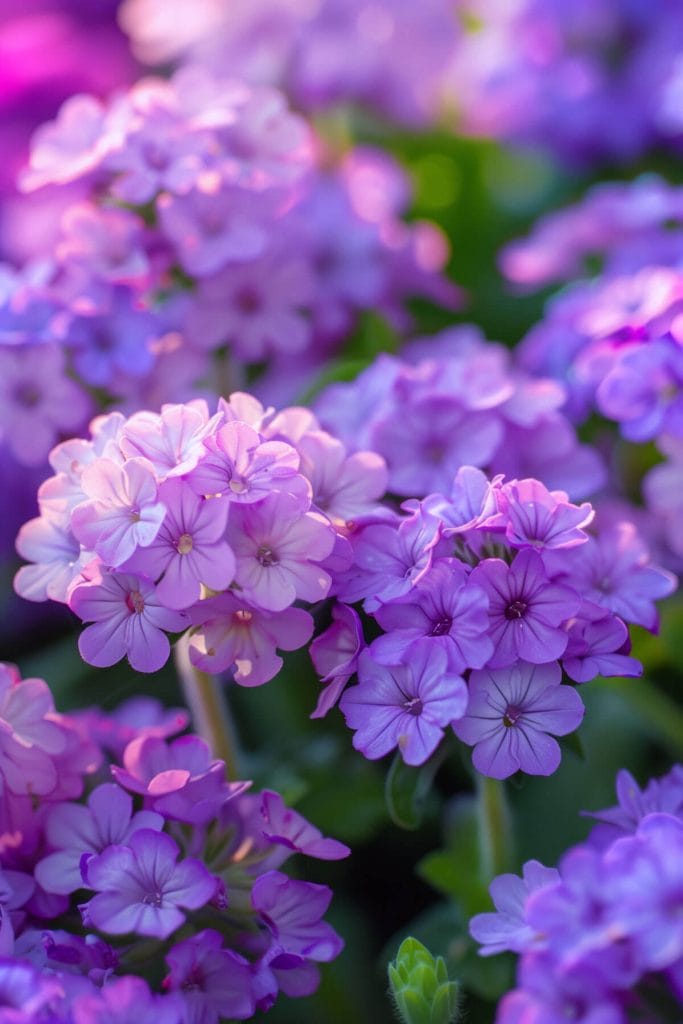 Clusters of small, colorful verbena flowers in purple, and pink blooming in a sunny garden, creating continuous color.