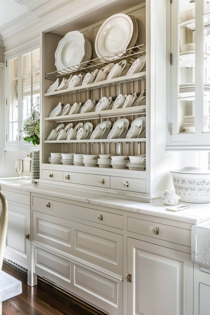 Traditional white kitchen cabinets with a built-in wooden plate rack for display and storage.
