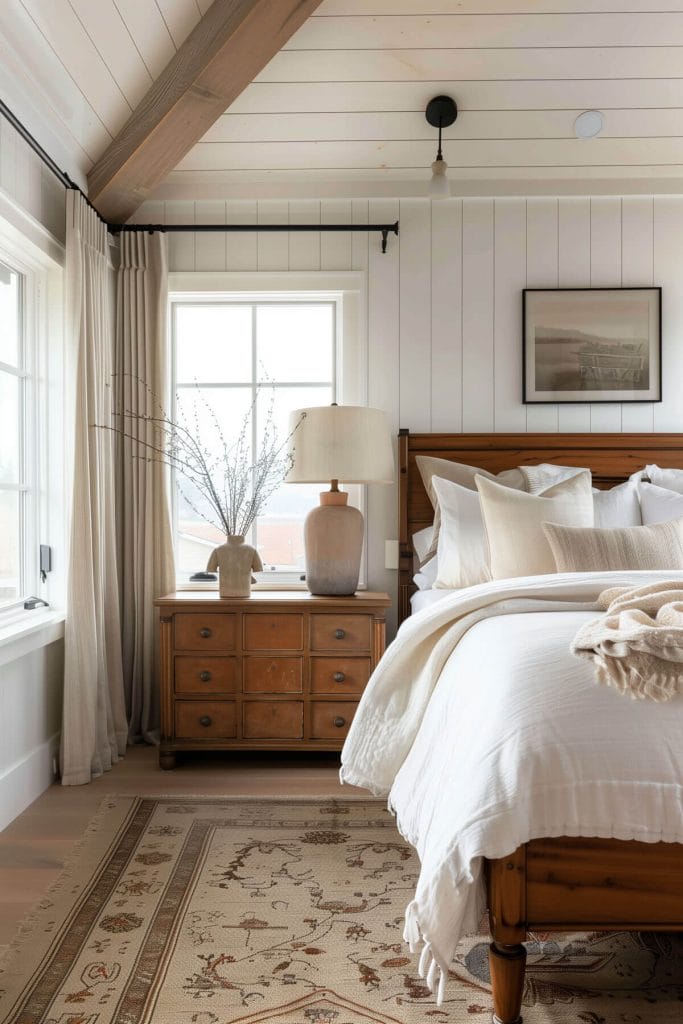 Wooden nightstands with vintage lamps creating a cohesive look in a bedroom.