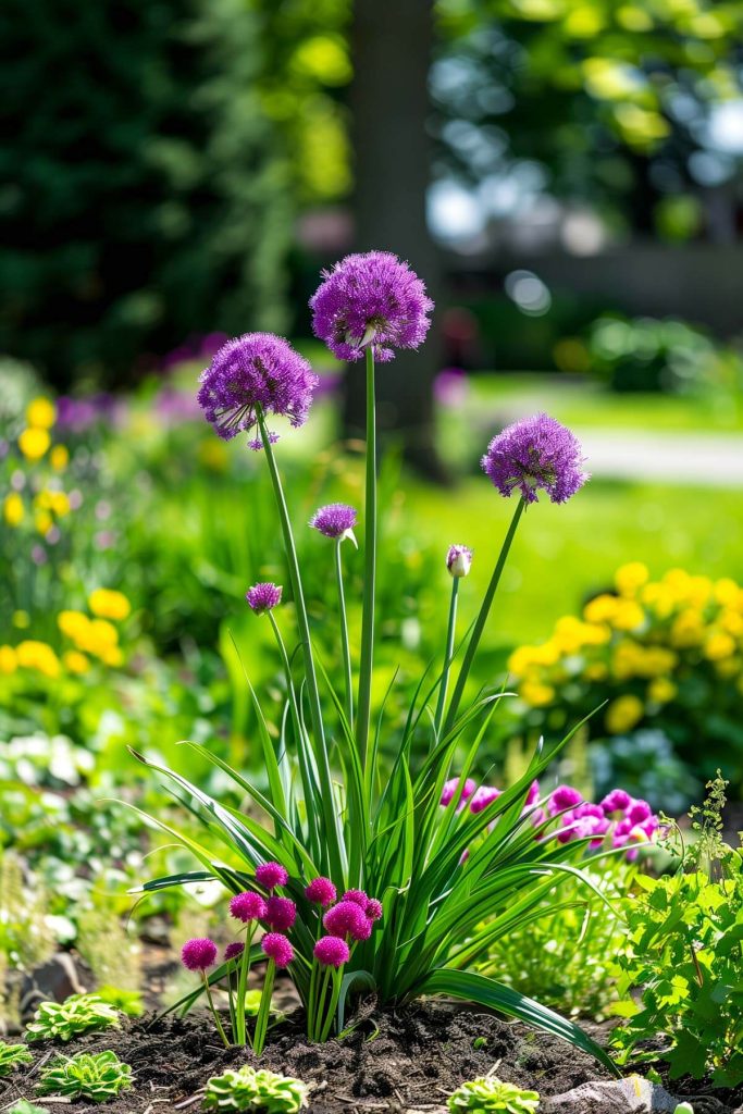 An allium plant with a spherical purple flower head, standing tall in a well-maintained garden bed.