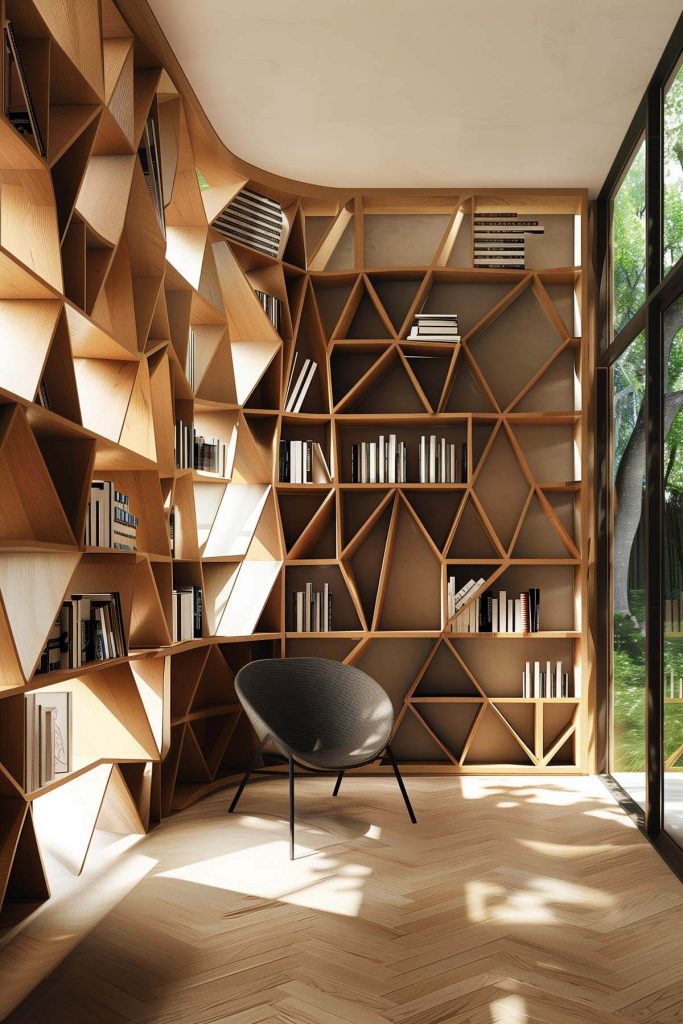 Contemporary library with geometric-shaped shelves creating an artistic and modern look.