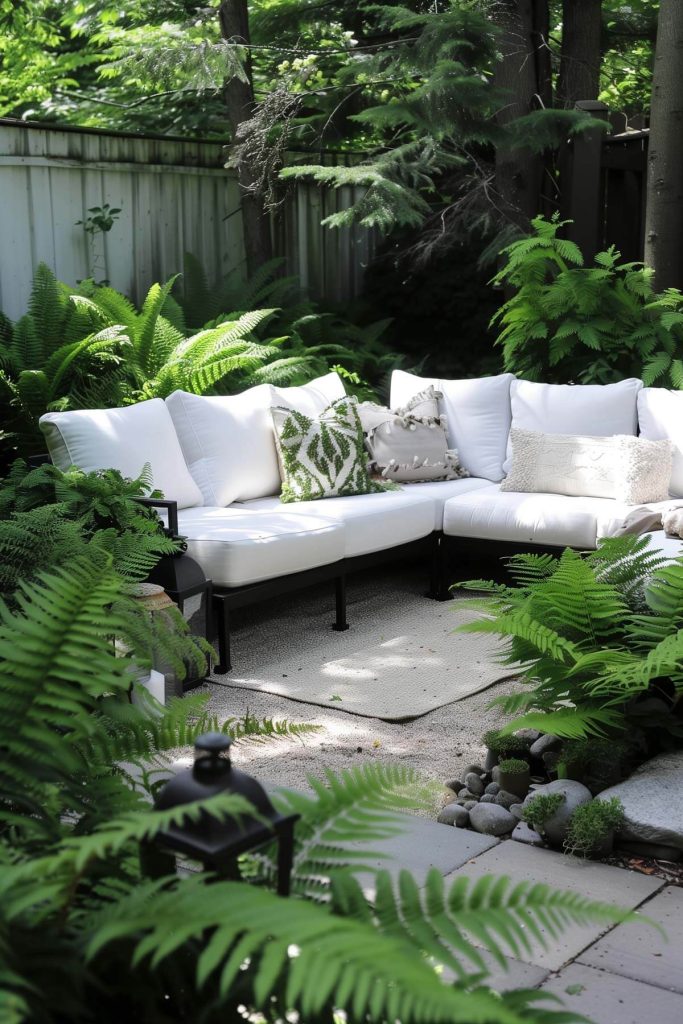 A shaded garden corner with various ferns and a small water feature.