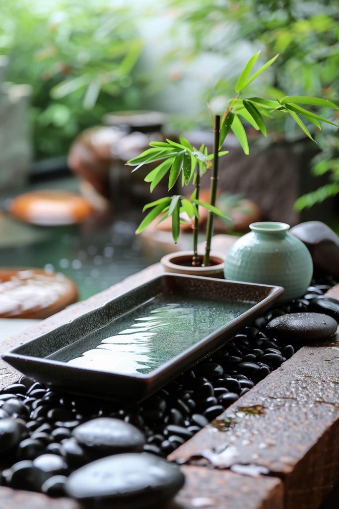 A serene Zen-inspired corner garden with pebbles surrounding a simple water feature and calming bamboo.