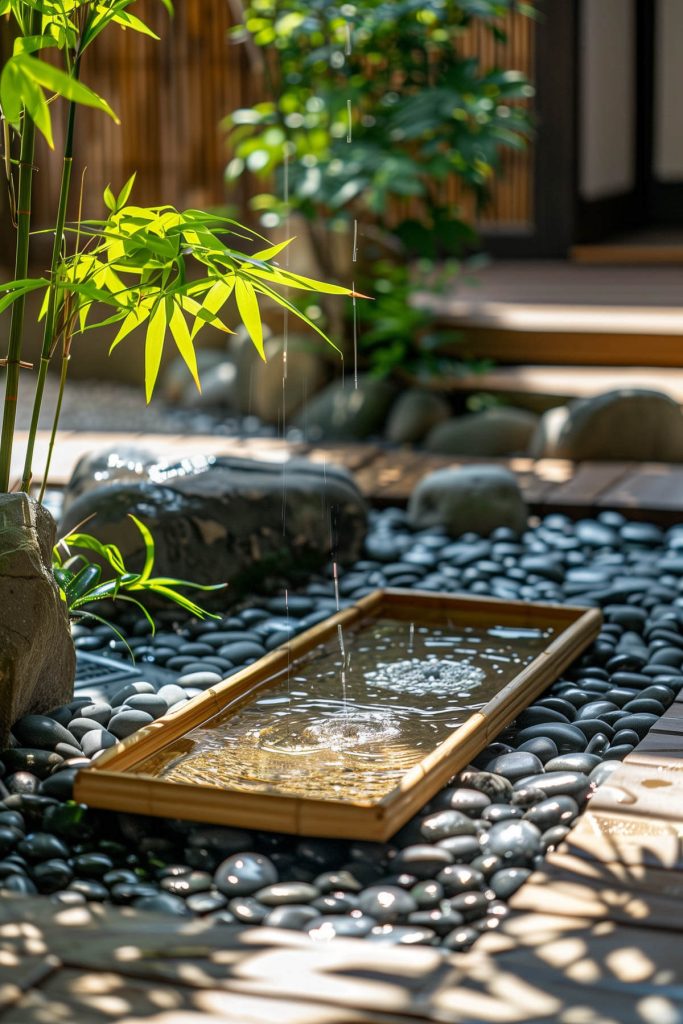 A serene Zen-inspired corner garden with pebbles surrounding a simple water feature and calming bamboo.