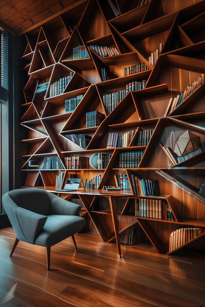 Contemporary library with geometric-shaped shelves creating an artistic and modern look.