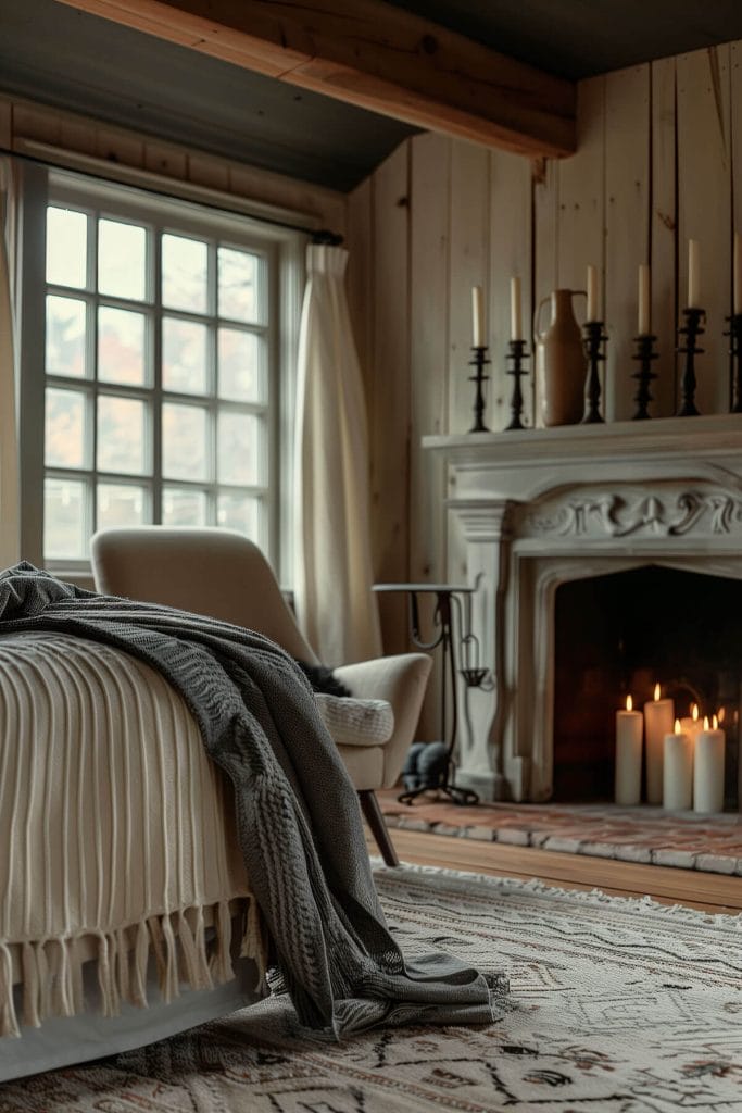 Antique candle holders with scented candles enhancing the cozy ambiance of a bedroom.