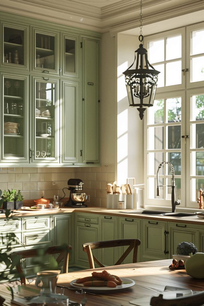 Sage green cabinets paired with antique wood furniture and wrought-iron accents in a French country kitchen.