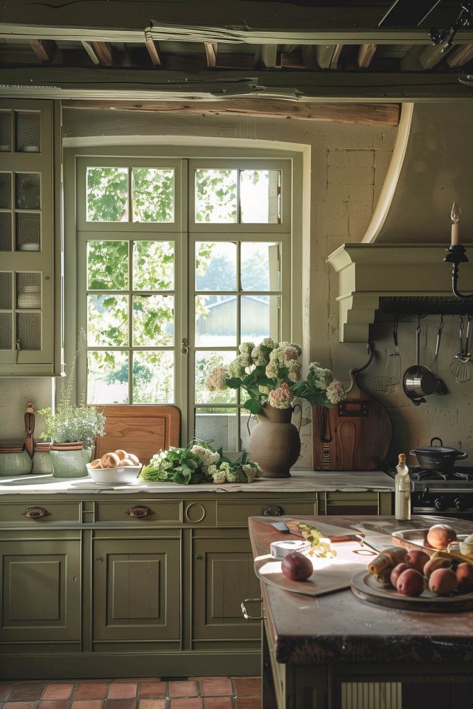 Sage green cabinets paired with antique wood furniture and wrought-iron accents in a French country kitchen.