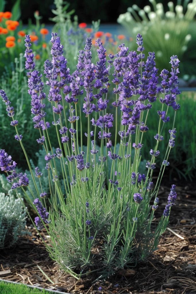 Fragrant lavender spikes in shades of purple and blue, blooming in a sunny, well-drained garden with silvery foliage.