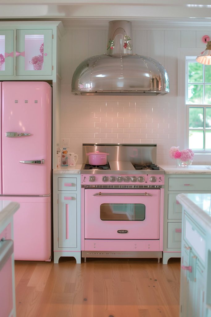 Kitchen featuring vintage-style pastel appliances.