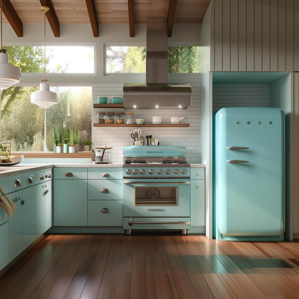 Kitchen featuring vintage-style pastel appliances.