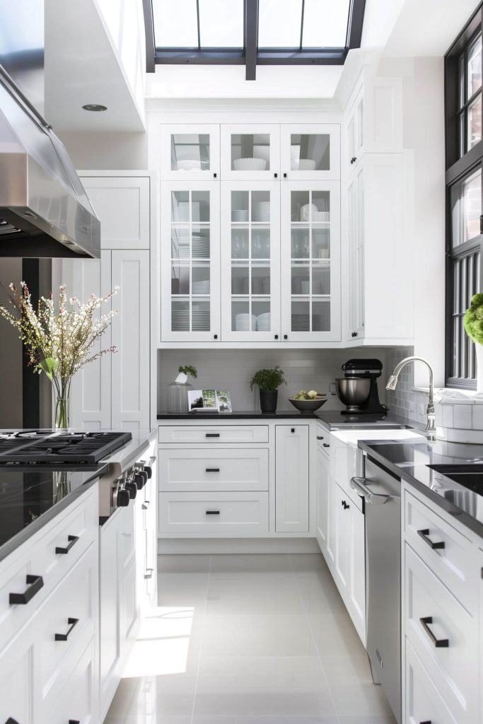 Striking white kitchen cabinets complemented by dark black countertops for a bold contrast.
