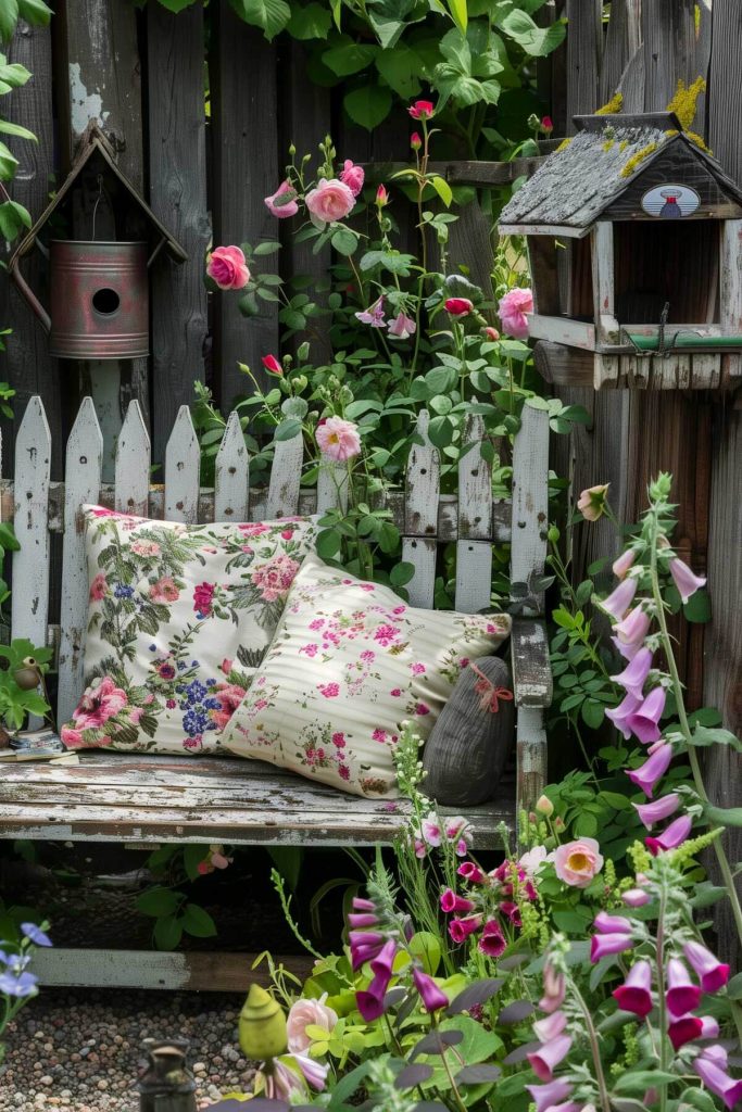 A quaint cottage garden with hollyhocks, foxgloves, and a wooden bench.