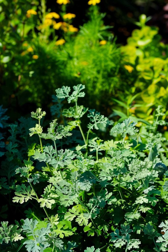 A rue plant with feathery blue-green leaves, growing in a sunny garden with a mix of other herbs.